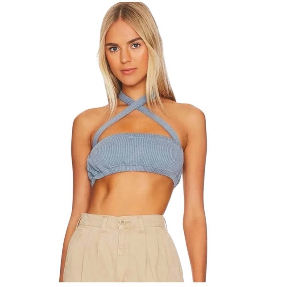 WeWoreWhat Halter Bra Top in Storm Size Medium, ribbed knit fabric & elastic